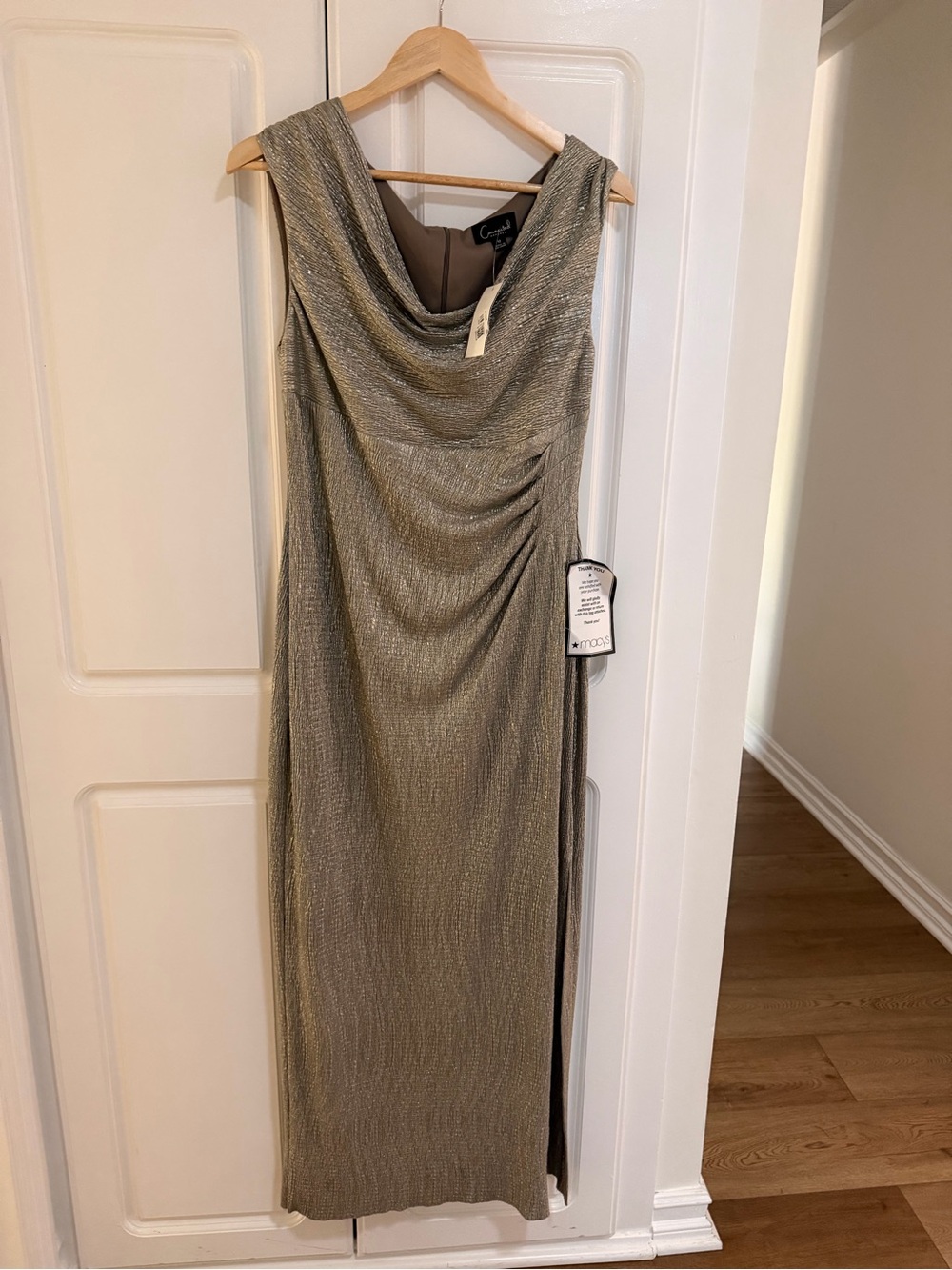 connected apparel Metallic Gold Cowl Midi Dress